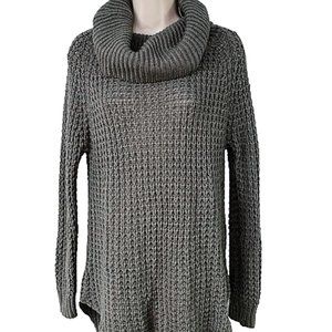 Women Sz Large RUE21 Gray Cowl Neck Open Weave Knit Warm Chunky Tunic Sweater GC